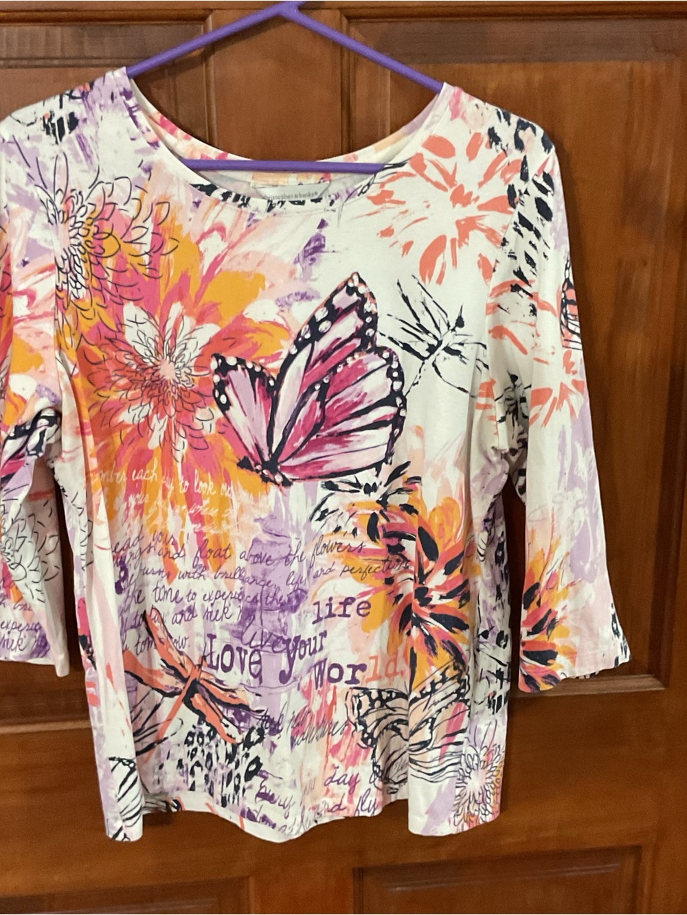 Christopher & Banks White Long Sleeve Butterfly & Floral Print Top